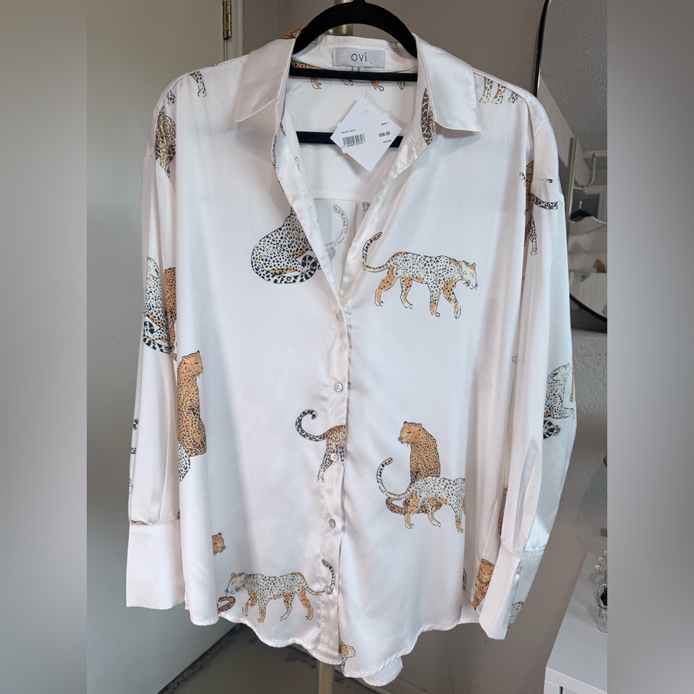 NWT White with Leopard Button Down Shirt - Size Small
